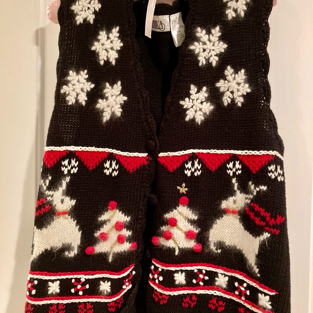 Vtg Erika Knit Sweater Vest Winter Reindeer Buttons Christmas Teacher 90s Sz M